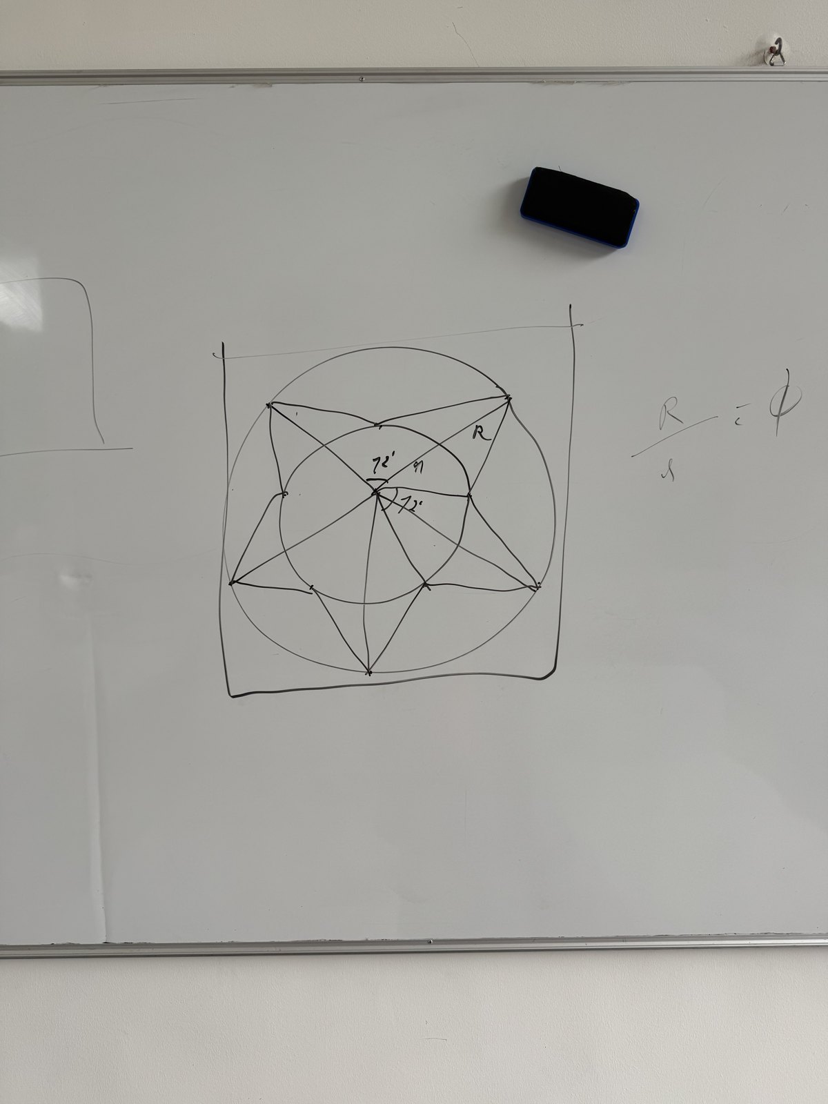 September 2025. Back to basics: a pentagram raised by compass and straightedge on the office whiteboard.