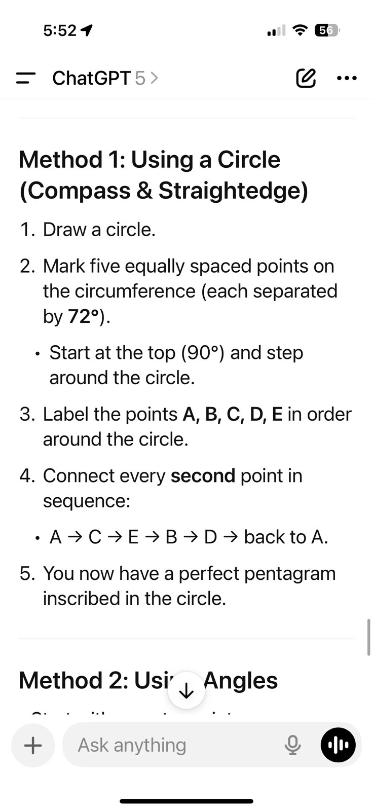 5:52 a.m. Research is research: three ways to construct a pentagram, including the golden-ratio method.