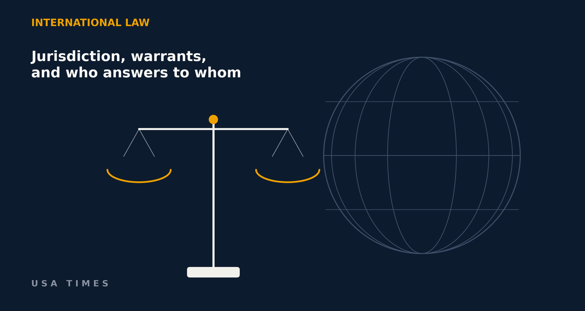 Editorial illustration of scales of justice beside a globe, representing international jurisdiction