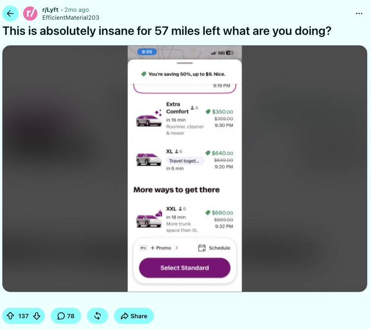 Screenshot posted to r/Lyft showing a 57-mile Lyft ride priced at $350