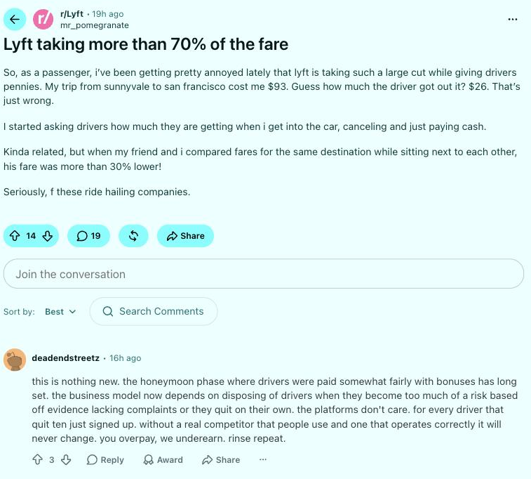 r/Lyft post: rider says a $93 fare paid the driver only $26