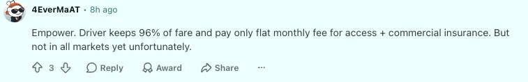 r/Lyft comment: a rival app pays drivers 96% of the fare