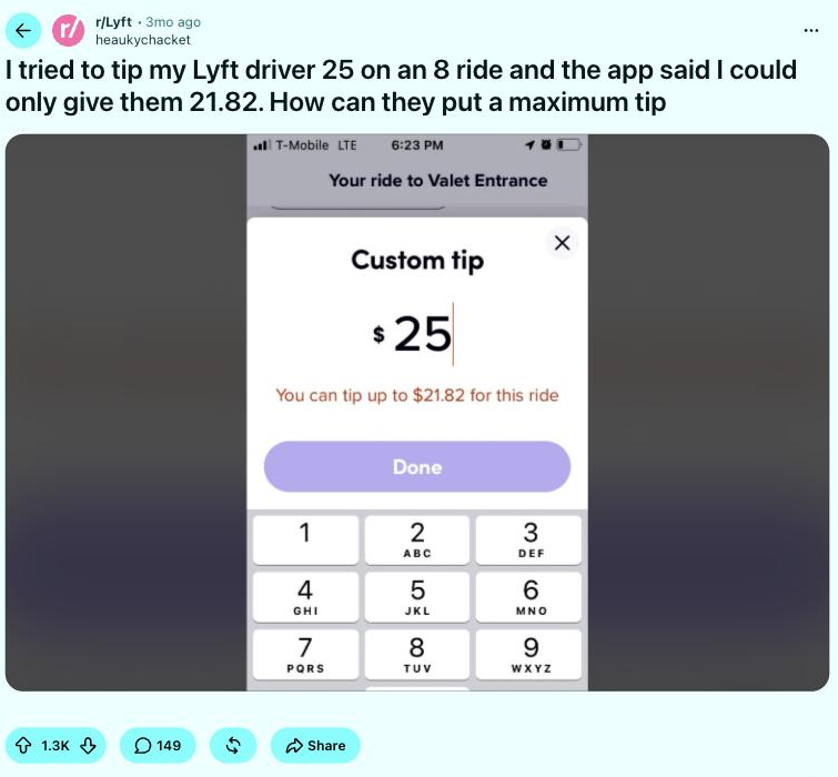 Lyft app limiting a $25 tip to $21.82