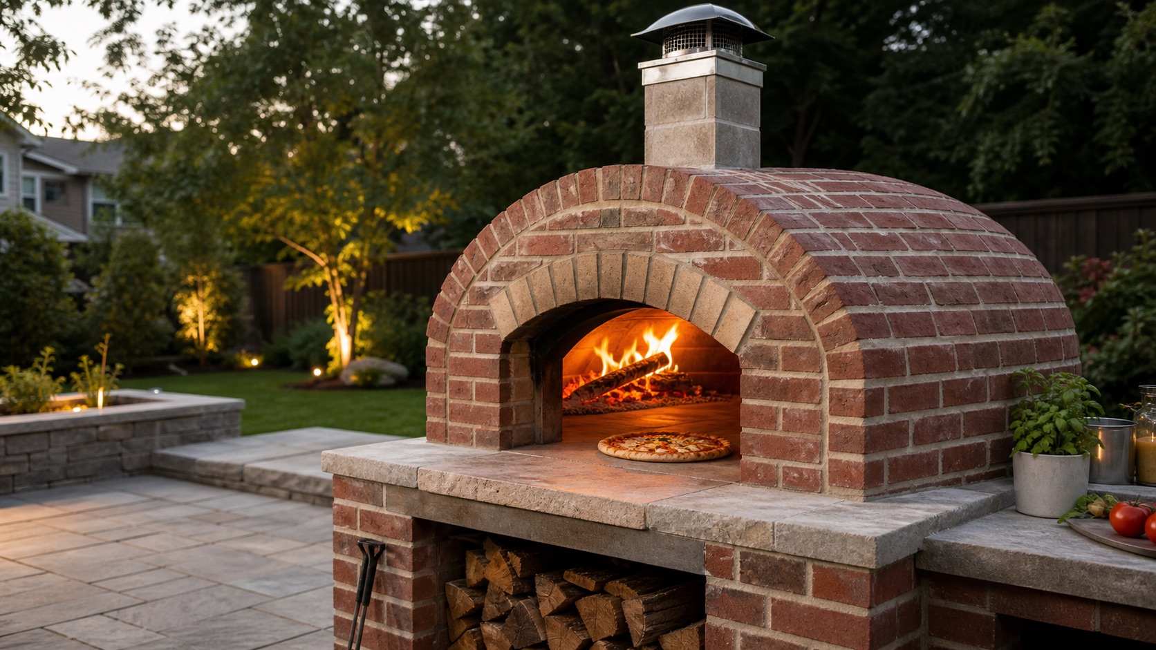 Finished red-brick wood-fired pizza oven with a pizza cooking beside a live fire