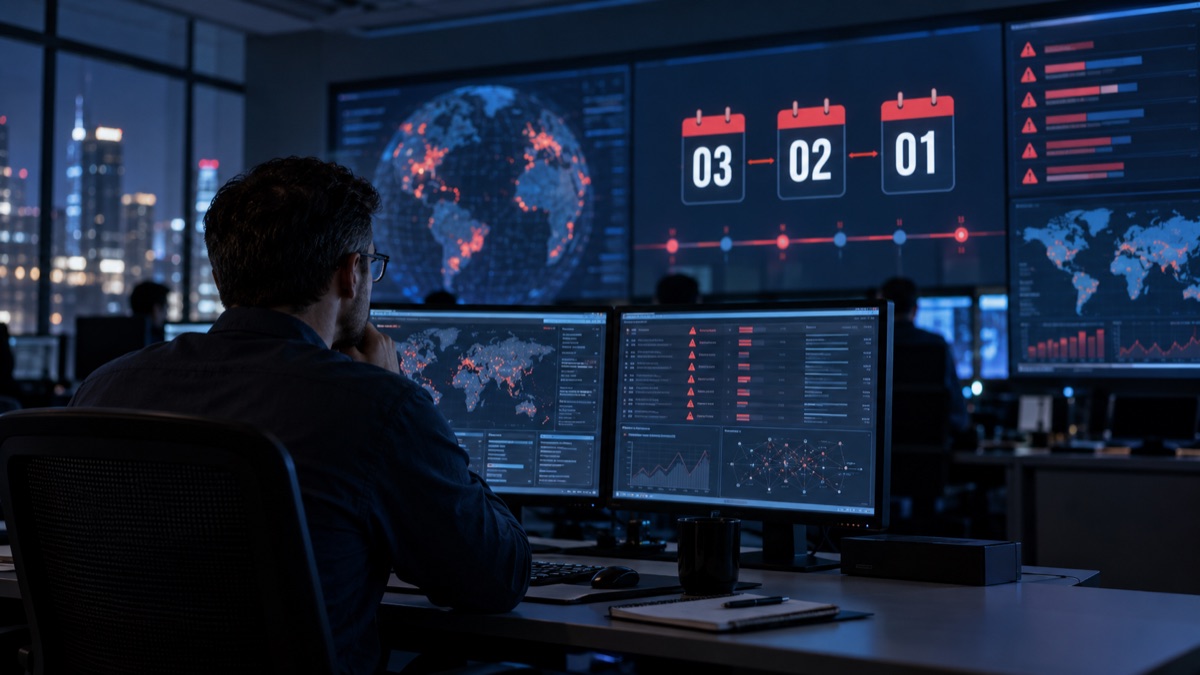A cybersecurity analyst monitors a three-day vulnerability remediation countdown