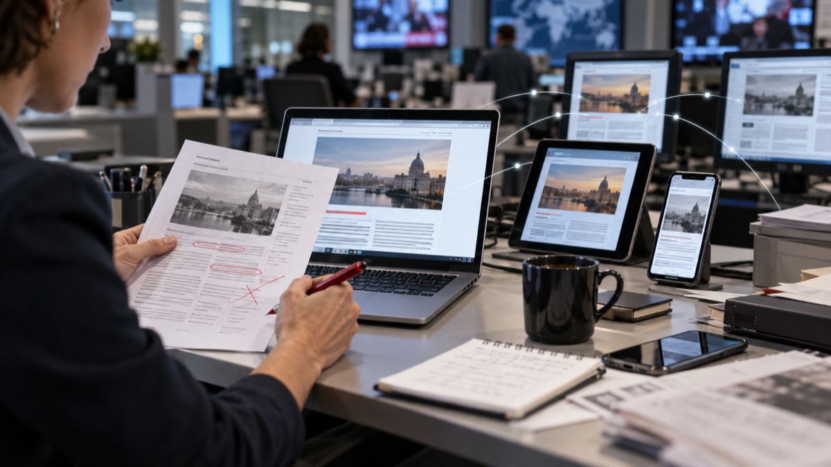 An editor compares corrected news versions across a laptop, tablet and phone