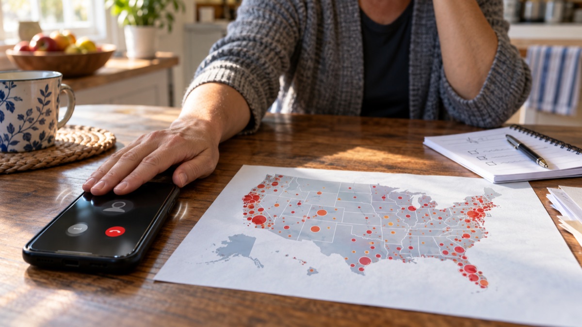 A person silences an unwanted phone call beside a map of complaint rates