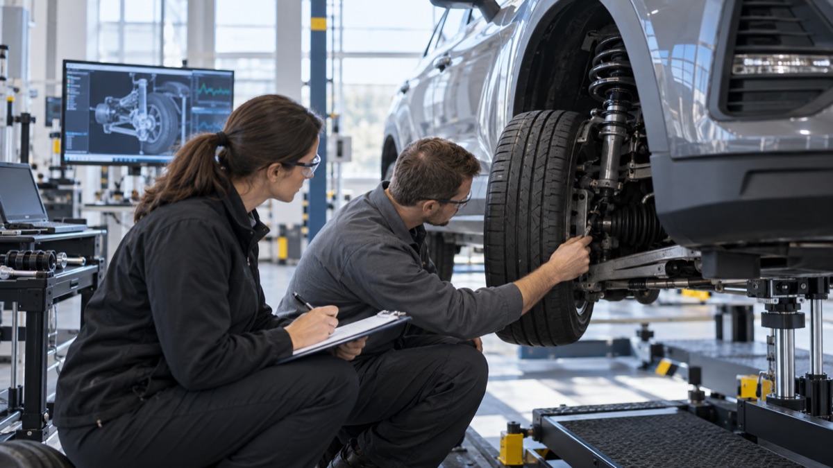 Vehicle safety engineers inspect a car's suspension in a laboratory